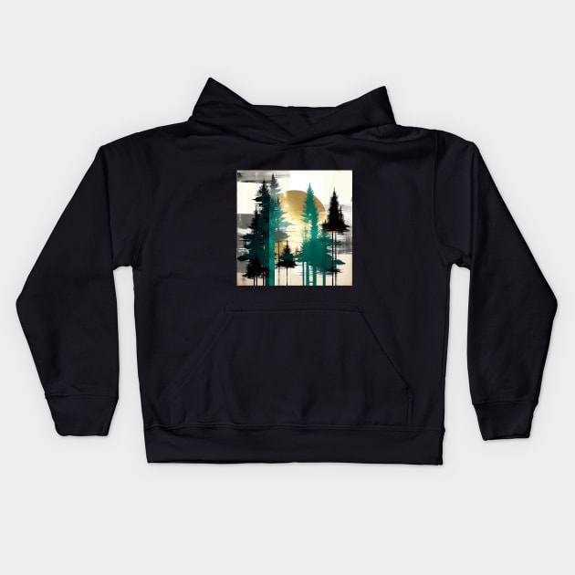 Sunlit Sentinels Rustic Pine Trees Abstract Kids Hoodie by The Art Mage